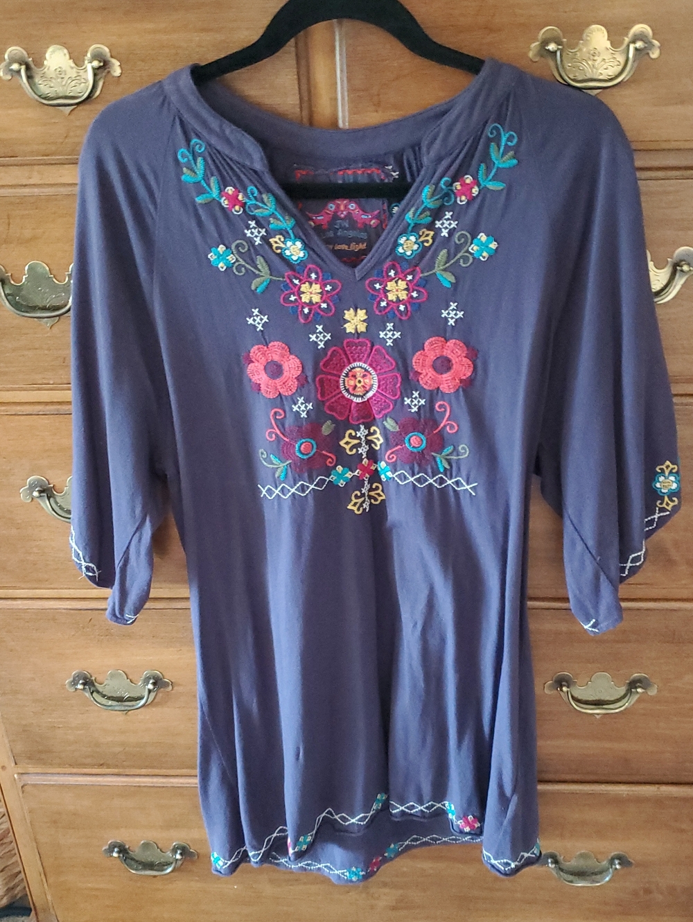 Johnny Was Purple Floral Embroidered V-Neck Tunic